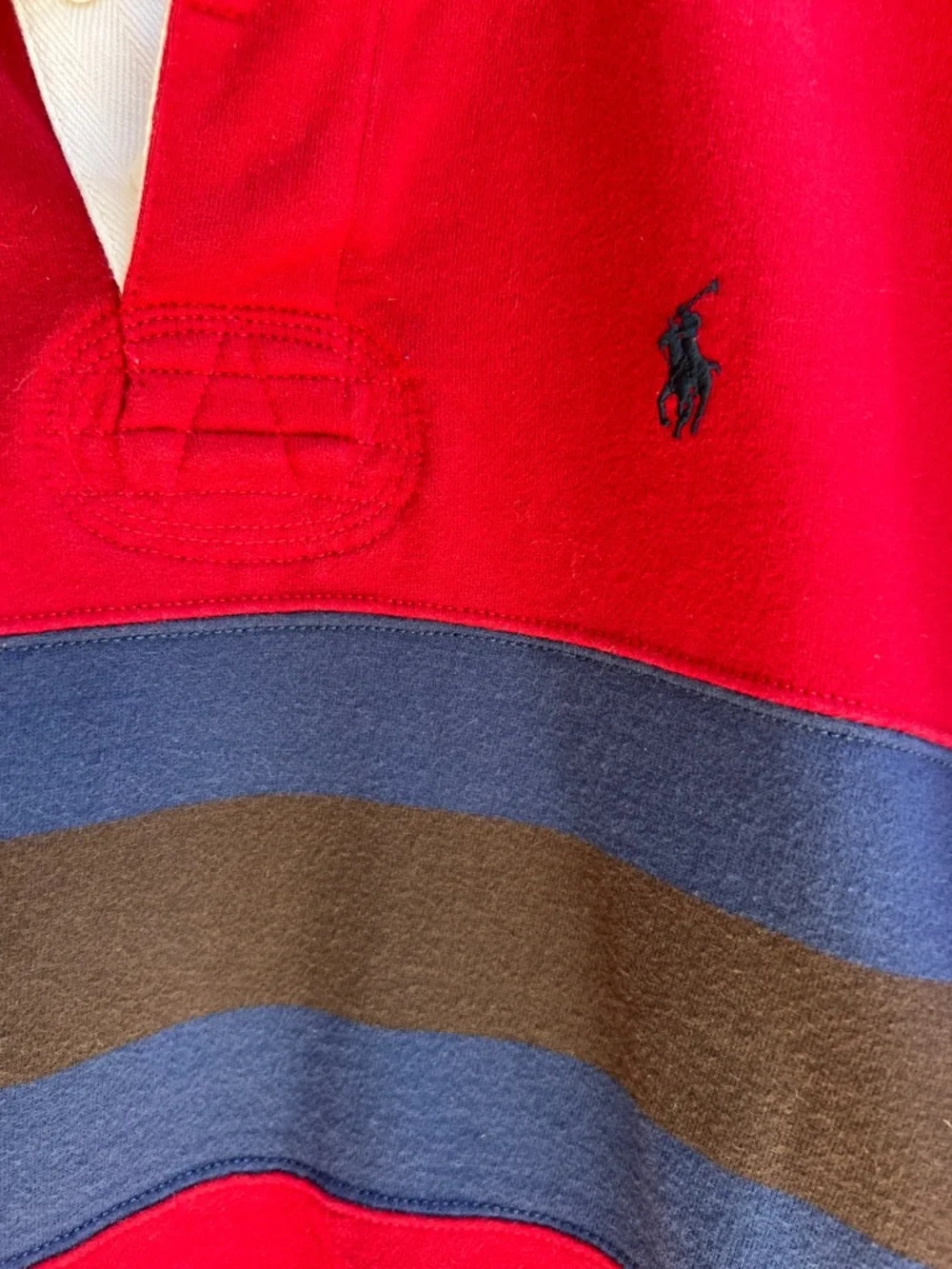 Ralph Lauren Red Rugby Shirt with Navy and Brown Stripes